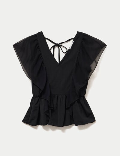 Blouse d&eacute;collet&eacute; voile manches courtes noir femme