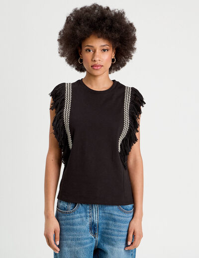 T-shirt avec franges noir femme