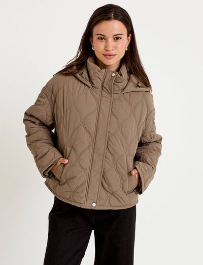 Veste droite &agrave; capuche manches longues taupe femme