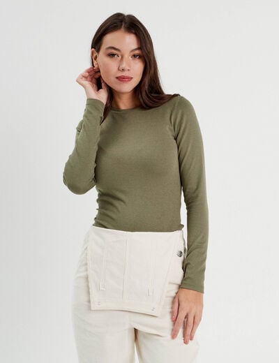 T-shirt cintr&eacute; col rond manches longues vert kaki femme