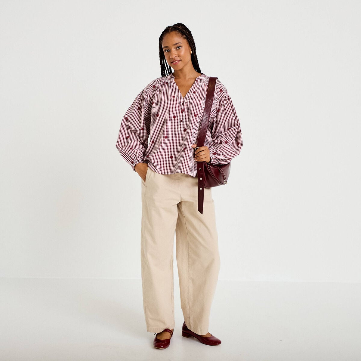 Blouse vichy brod&eacute;e rouge femme