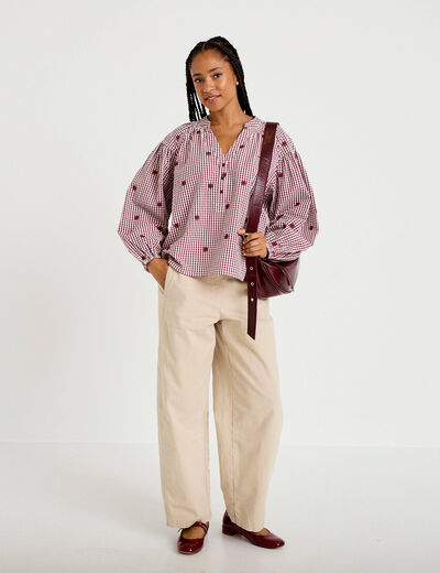 Blouse vichy brod&eacute;e rouge femme