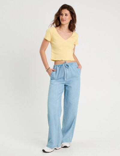T-shirt côtelé manches courtes jaune clair femme