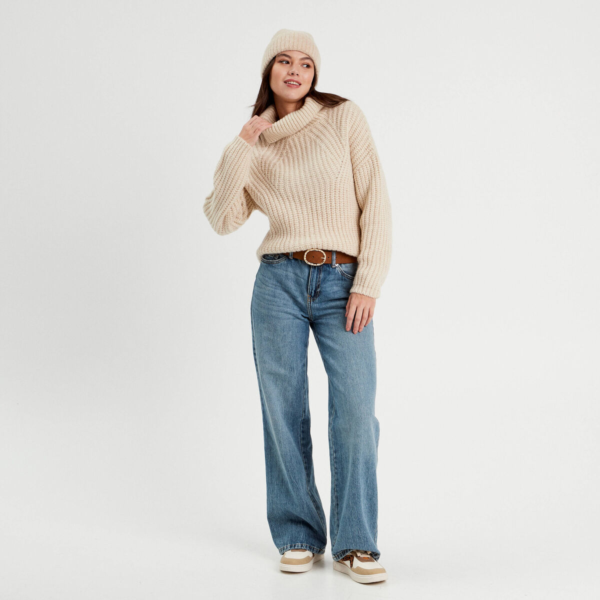 Pull avec col roulé ecru femme