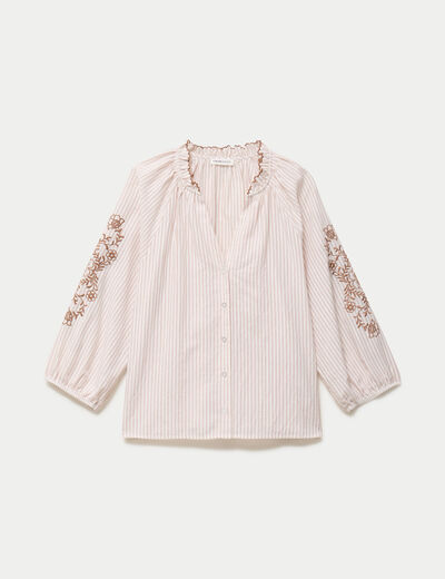 Blouse col v broderie manches 3/4 sable femme
