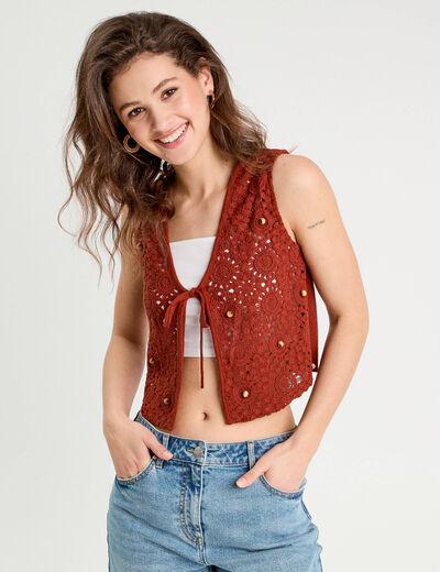 Gilet noué effet crochet marron cognac femme
