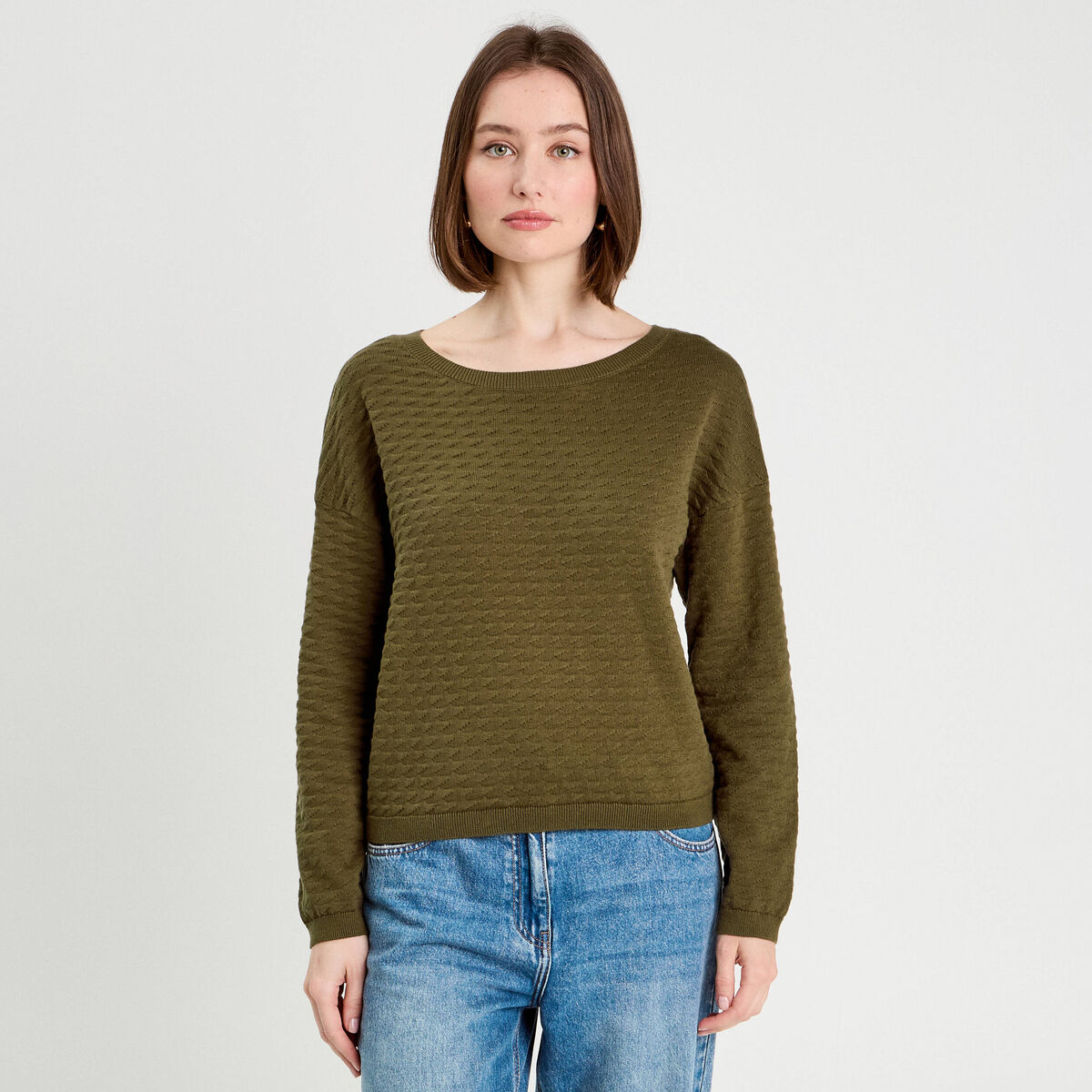 Pull col bateau vert kaki femme