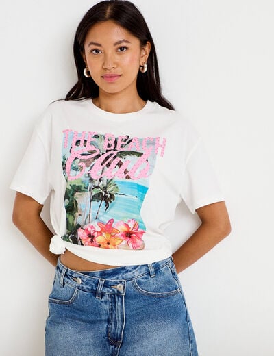 T-shirt col rond manches courtes ecru femme