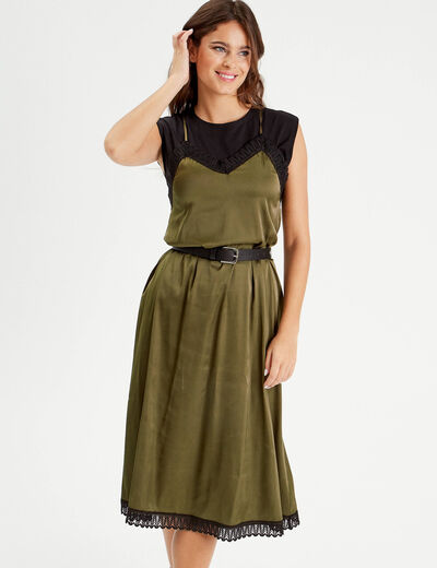 Robe midi évasée satin vert kaki femme
