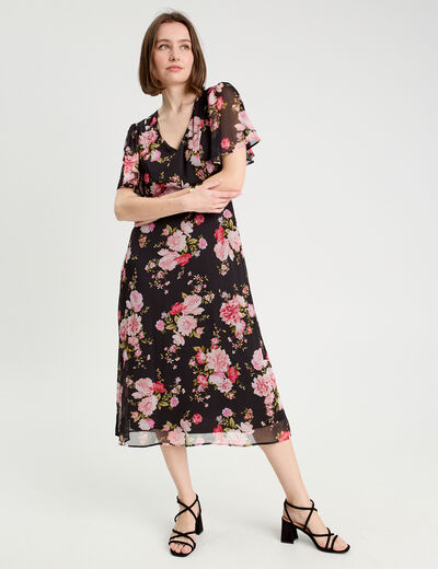 Robe midi évasée col en V noir femme