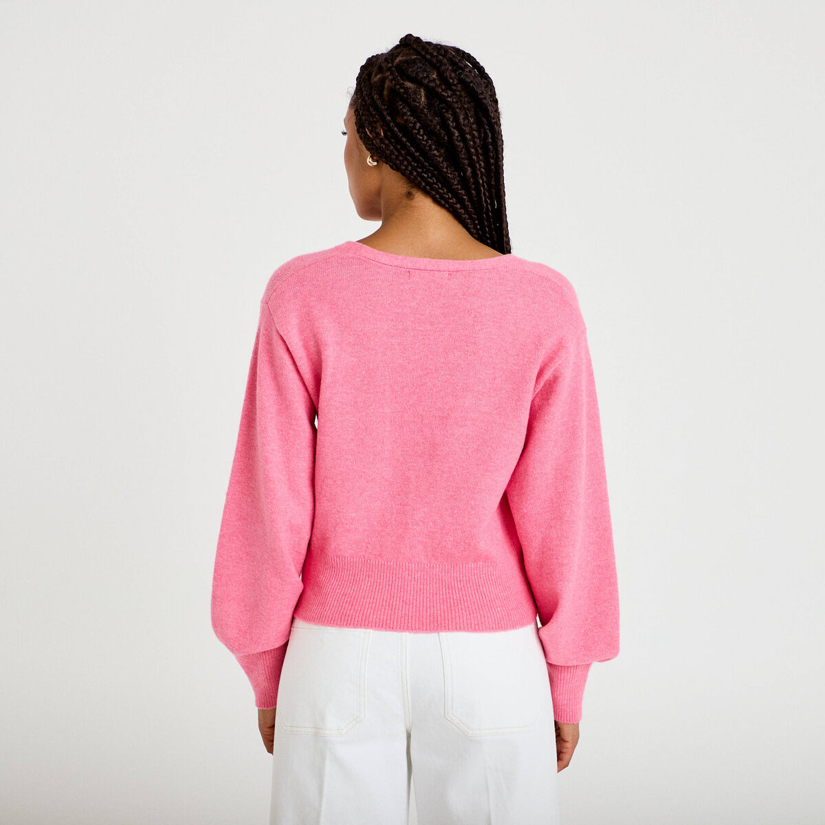 Gilet col v manches longues rose vif femme