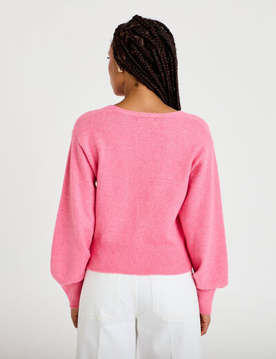 Gilet col v manches longues rose vif femme