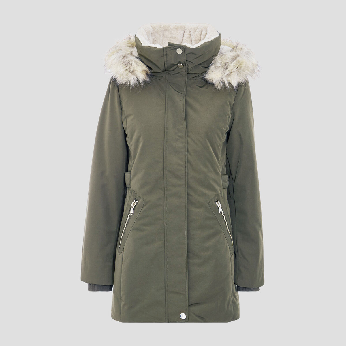 Parka droite avec capuche vert kaki femme