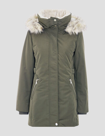 Parka droite avec capuche vert kaki femme
