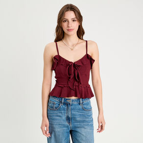 Débardeur cropped volants bordeaux femme