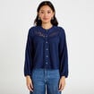 Blouse col rond manches longues bleu fonc&eacute; femme