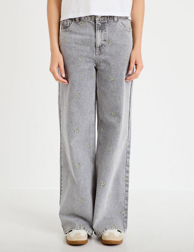Jean wide leg taille haute brod&eacute; denim gris femme