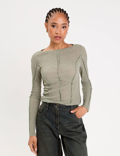 T-shirt cintr&eacute; col rond manches longues vert kaki femme