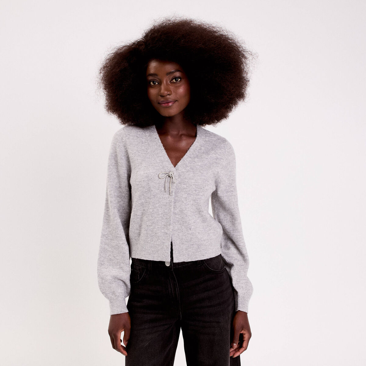 Gilet avec noeud &agrave; strass gris clair femme