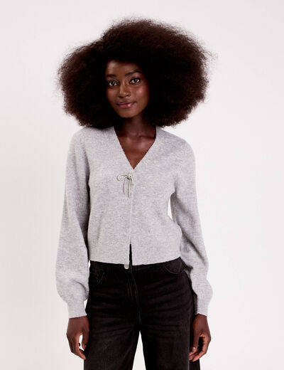 Gilet avec noeud &agrave; strass gris clair femme