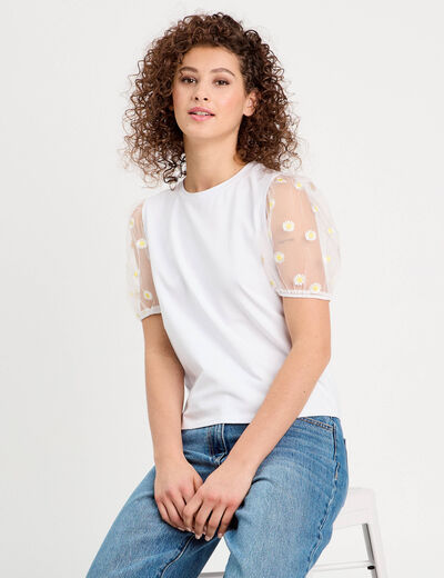 T-shirt manches brodées blanc femme