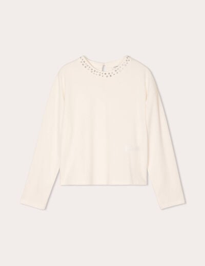 T-shirt col détails bijoux ecru femme