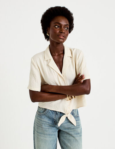 Chemise droite pliss&eacute;e manches courtes ecru femme