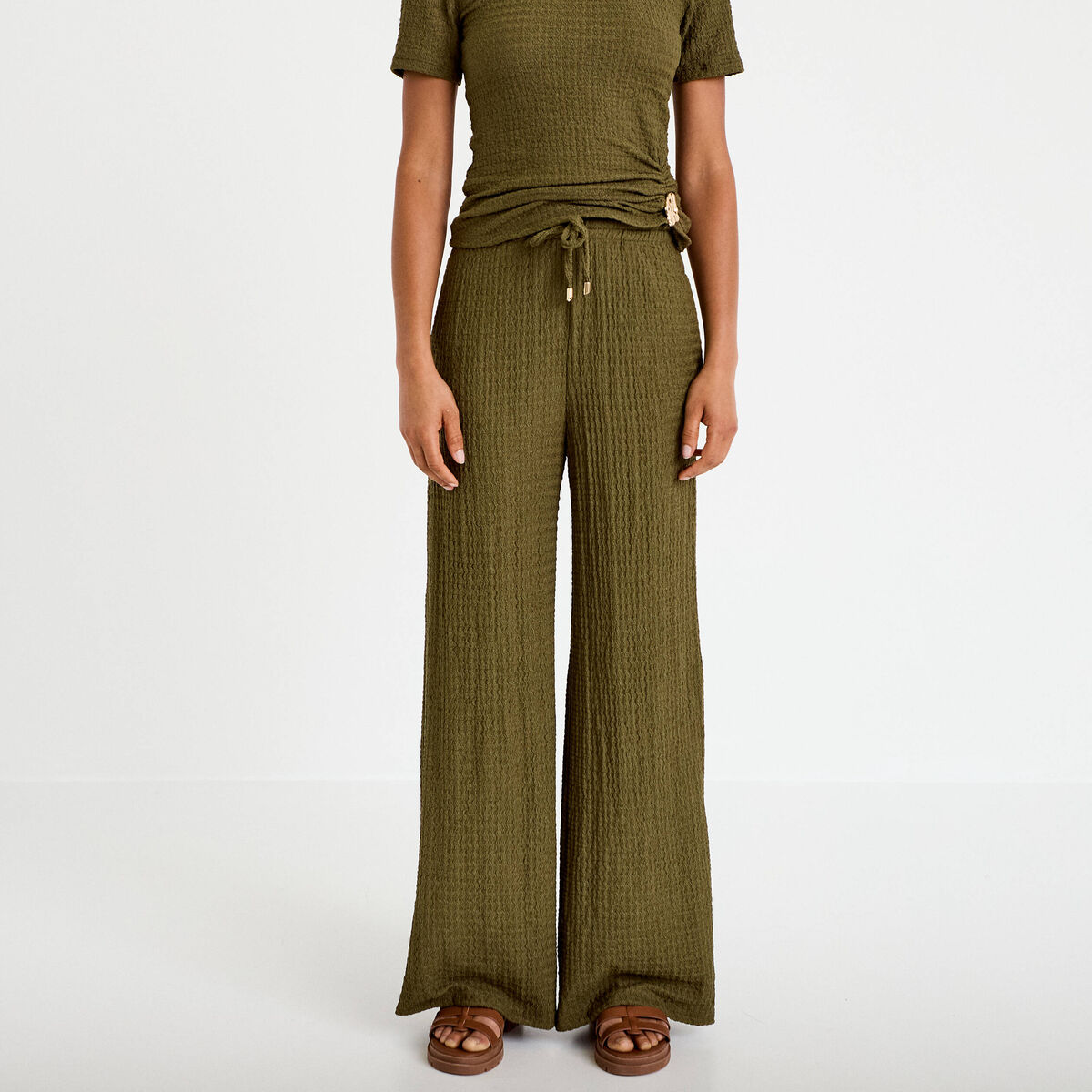 Pantalon large taille standard vert kaki femme