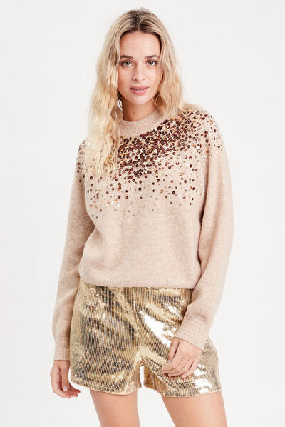 Pull sequins et strass beige femme