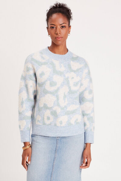 Pull manches longues col rond bleu pastel femme