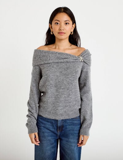 Pull col bardot manches longues gris femme