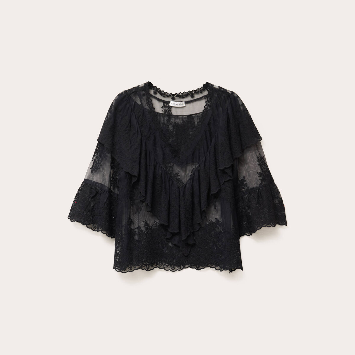 Blouse manches 3/4 dentelle noir femme