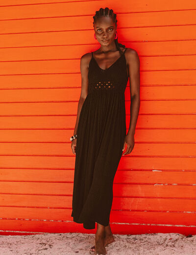 Robe longue bi-mati&egrave;re col v noir femme