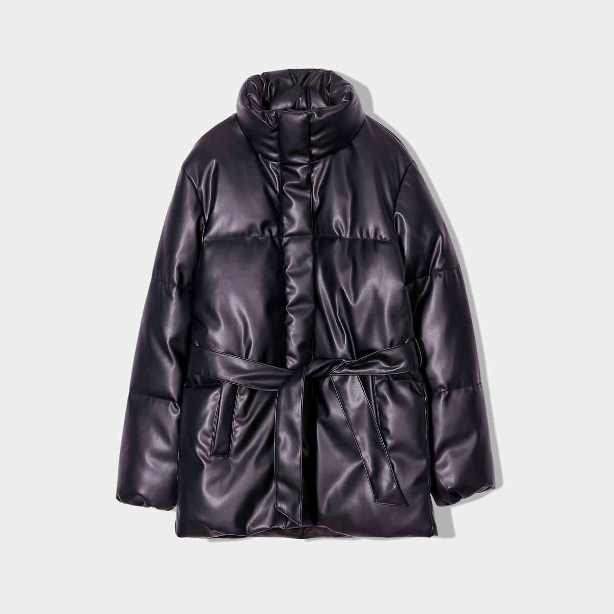 Doudoune ceinturée simili cuir noir femme