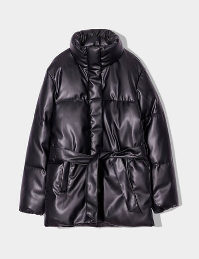Doudoune ceinturée simili cuir noir femme