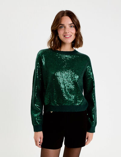 Pull manches longues avec sequins vert fonc&eacute; femme