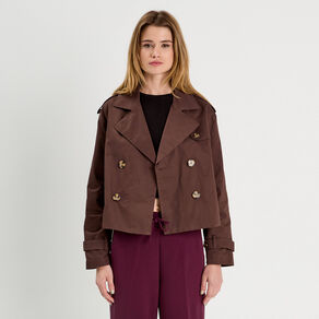 Trench court boutonné marron foncé femme