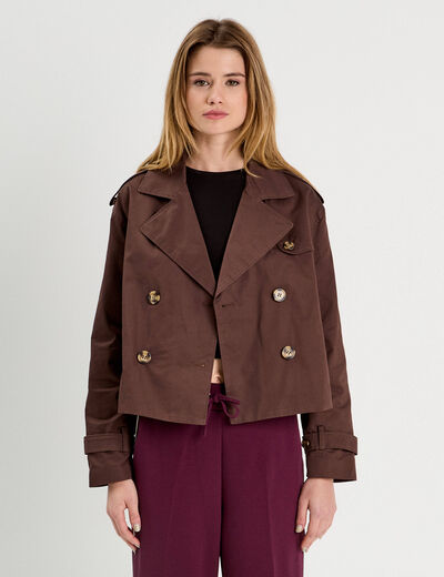 Trench court boutonné marron foncé femme
