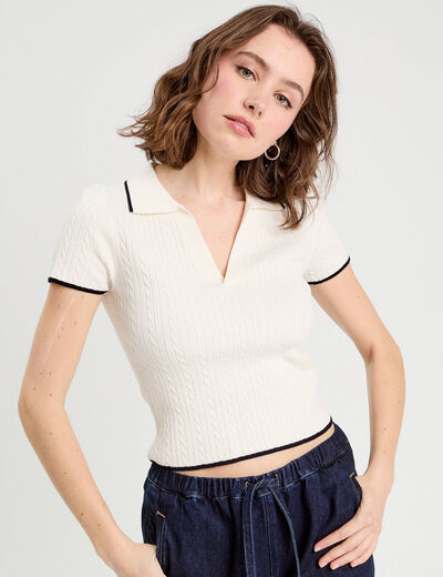 Top col polo manches courtes blanc femme