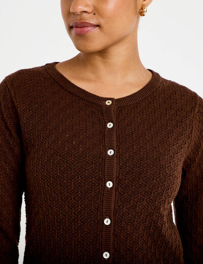 Gilet ajour&eacute; manches longues dentelle marron fonc&eacute; femme
