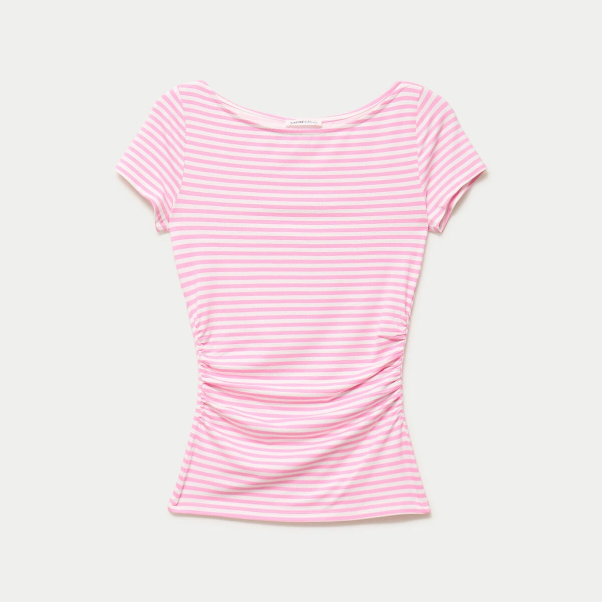 Top ajust&eacute; col bateau manches courtes rose clair femme