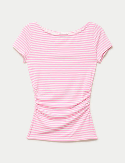 Top ajust&eacute; col bateau manches courtes rose clair femme