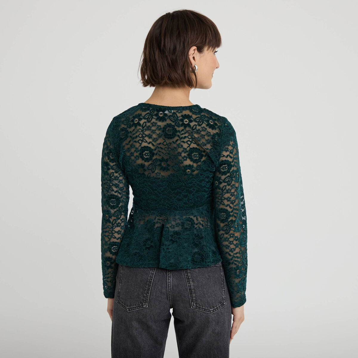 Blouse p&eacute;plum dentelle vert fonc&eacute; femme