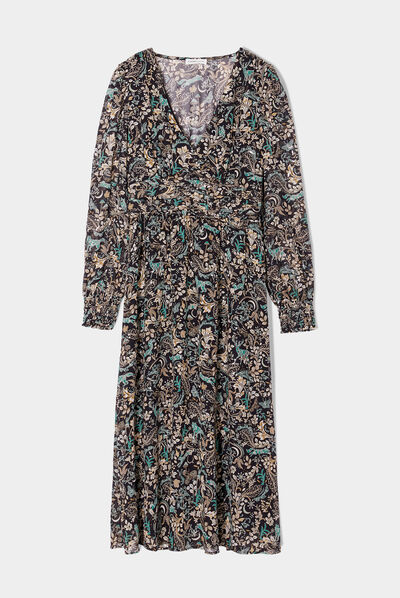 Robe midi évasée col en V noir femme