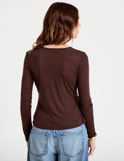 Gilet ajust&eacute; col rond manches longues marron fonc&eacute; femme