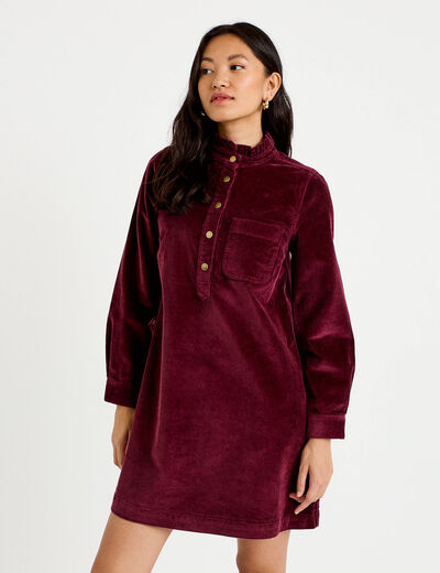 Robe &eacute;vas&eacute;e velours col montant bordeaux femme