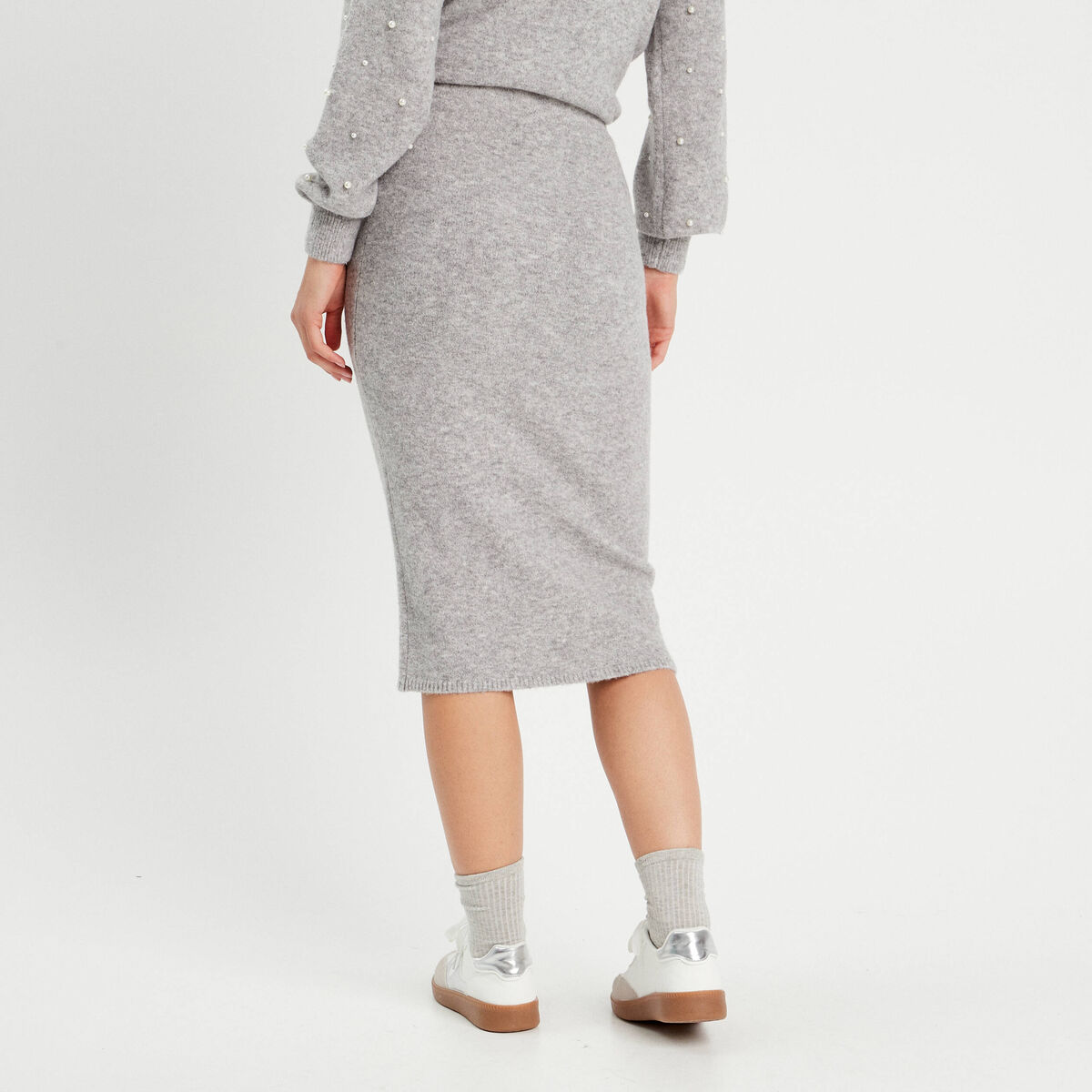 Jupe tricot midi droite gris clair femme