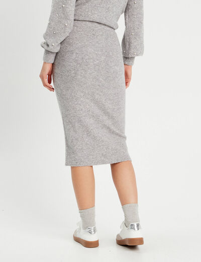 Jupe tricot midi droite gris clair femme