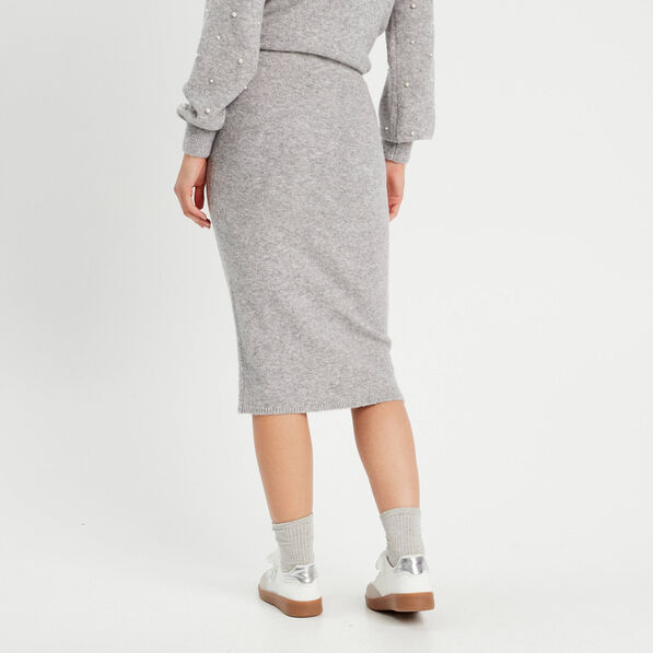 Jupe tricot midi droite gris clair femme