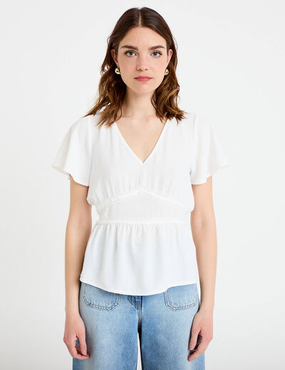 Blouse droite col v manches courtes ecru femme